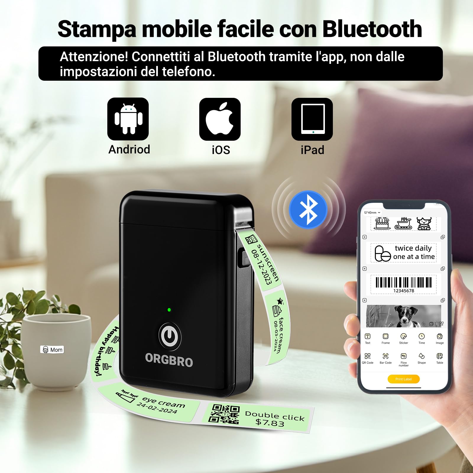 ORGBRO X1 Etichettatrice Termica Portatile Bluetooth - Mini Stampante per Etichette Adesive Senza Inchiostro/Cartucce con 1 Rotolo Incluso, Compatibile con iOS/Android per Casa, Ufficio (Nero)