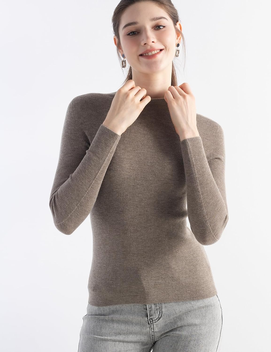 Women's Merino Wool Blend Sweater Winter Mock Neck Rib Slim Fit Long Sleeve First-Line Ready to Wear Seamless Sweater - Image 4
