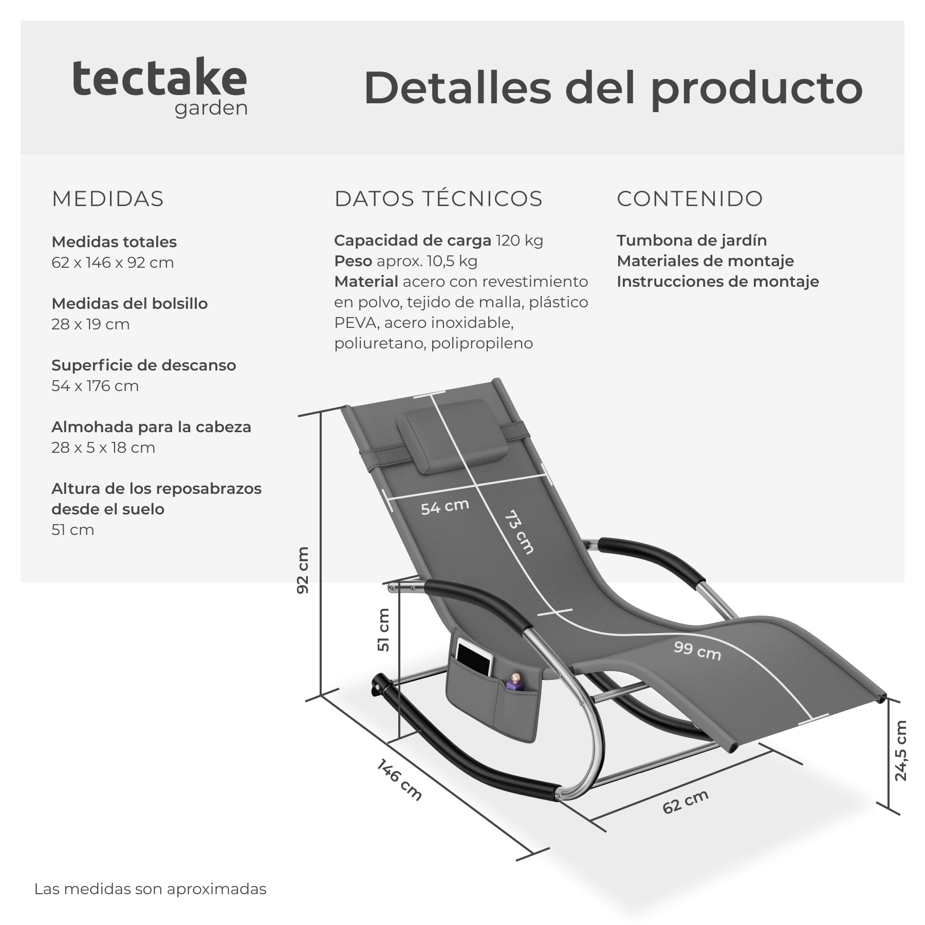 tectake® Tumbona Sol Exterior con Almohada, Tumbonas Piscina con Bolsillo Lateral, Resistente al Agua y Tejido Transpirable, Capacidad de Carga: 120kg, Sillas de Terraza - Gris