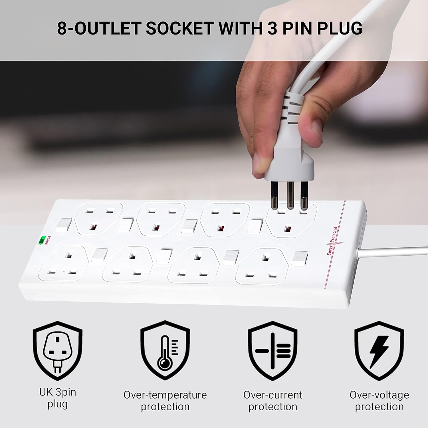 8 Gang Surge Protected Extension Lead With Switch 2m Power Strip 8