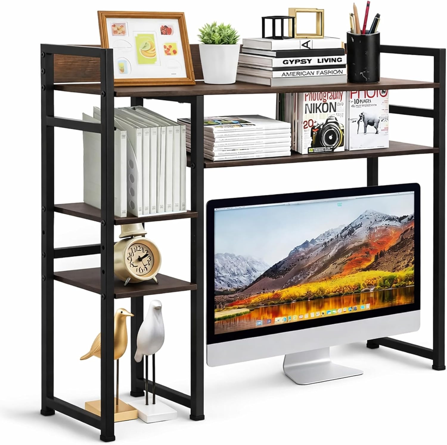 Desk Shelf Storage, 38 Inch, 4-Tier Wood Bookshelf Organizer, Computer Desk Hutch – Dark Brown, Desktop Bookshelf Organizer Shelf for Desk for Dorm Workspace and Home Office Use