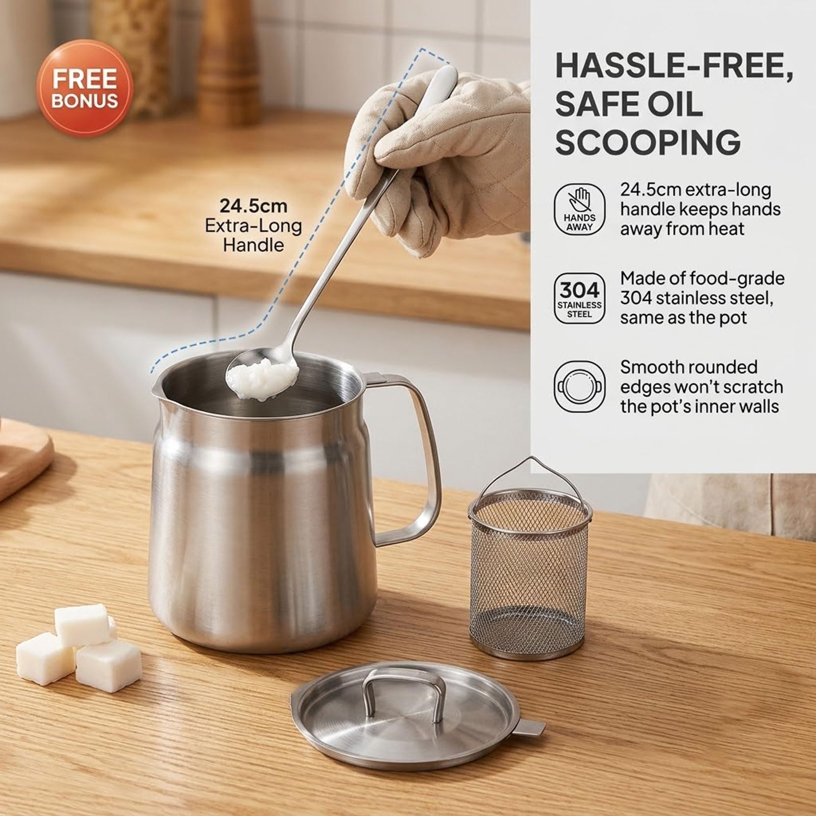 Genérico Olla Colador De Aceite Multifuncional 2 En 1, Freidora De 1.5 L (51 Oz) Con Cesta, Filtro De Malla Fina Y Cucharón De Acero Inoxidable Gratis