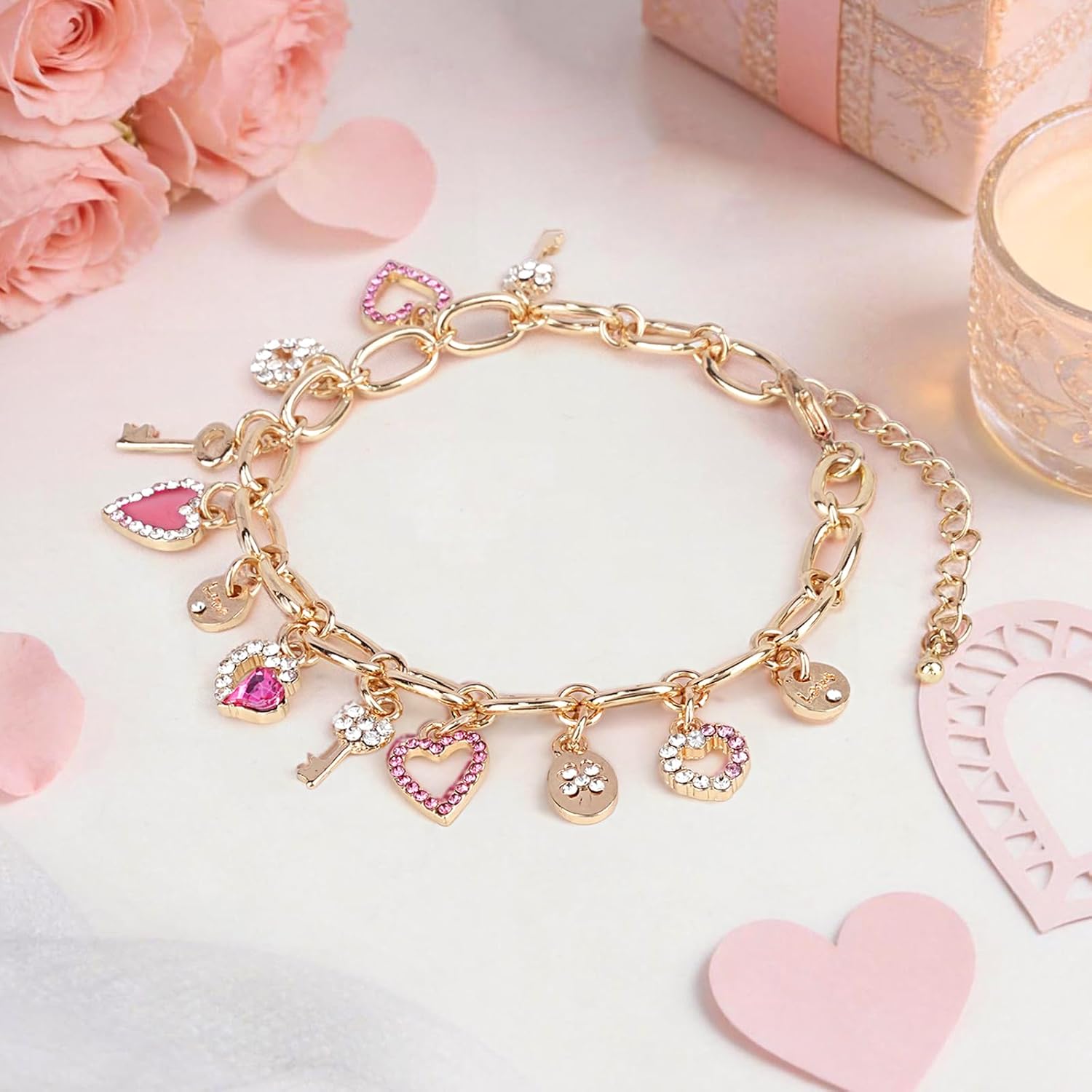 Cute Gold Heart Charm Link Bracelet for Women 14K Gold Plated Rhinetstone Love Heart Lock Key Lucky Clover Chain Bracelet with Dangle Crystal Pendant Adjustable Party Trendy Y2K Jewelry Gift for Women - Image 8