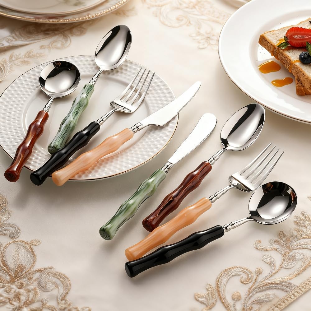 Kitchen Cutlery Set Stainless Steel Flatware Silverware Tableware Resin Handle Including Knife Fork Spoon for Dessert Fruit (12-piece set,Black)