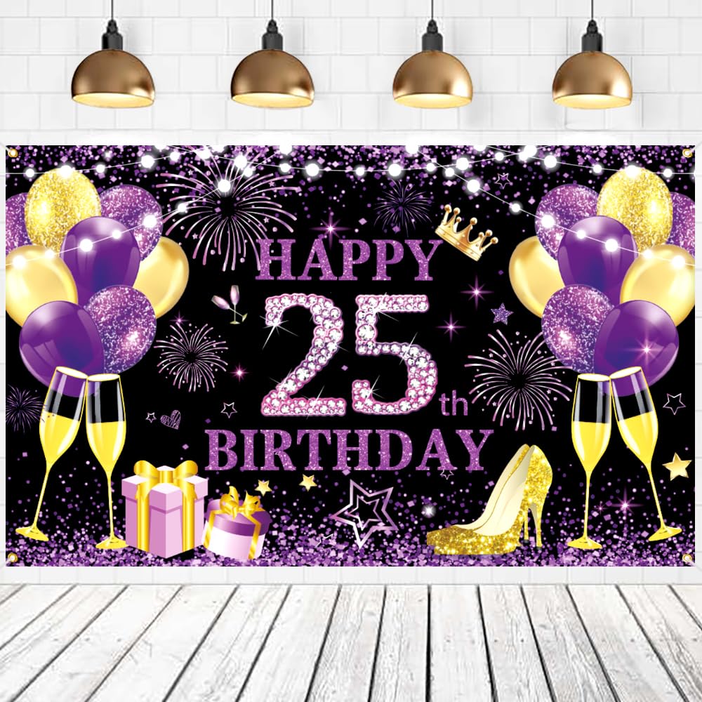 Happy Birthday Backdrop Banner Girls 25th Birthday Decorations Purple Gold Party Decor Supplies Outdoor Indoor Decoration Purple Gold Sparkling Banner Background Poster Photo Booth Props Supplies