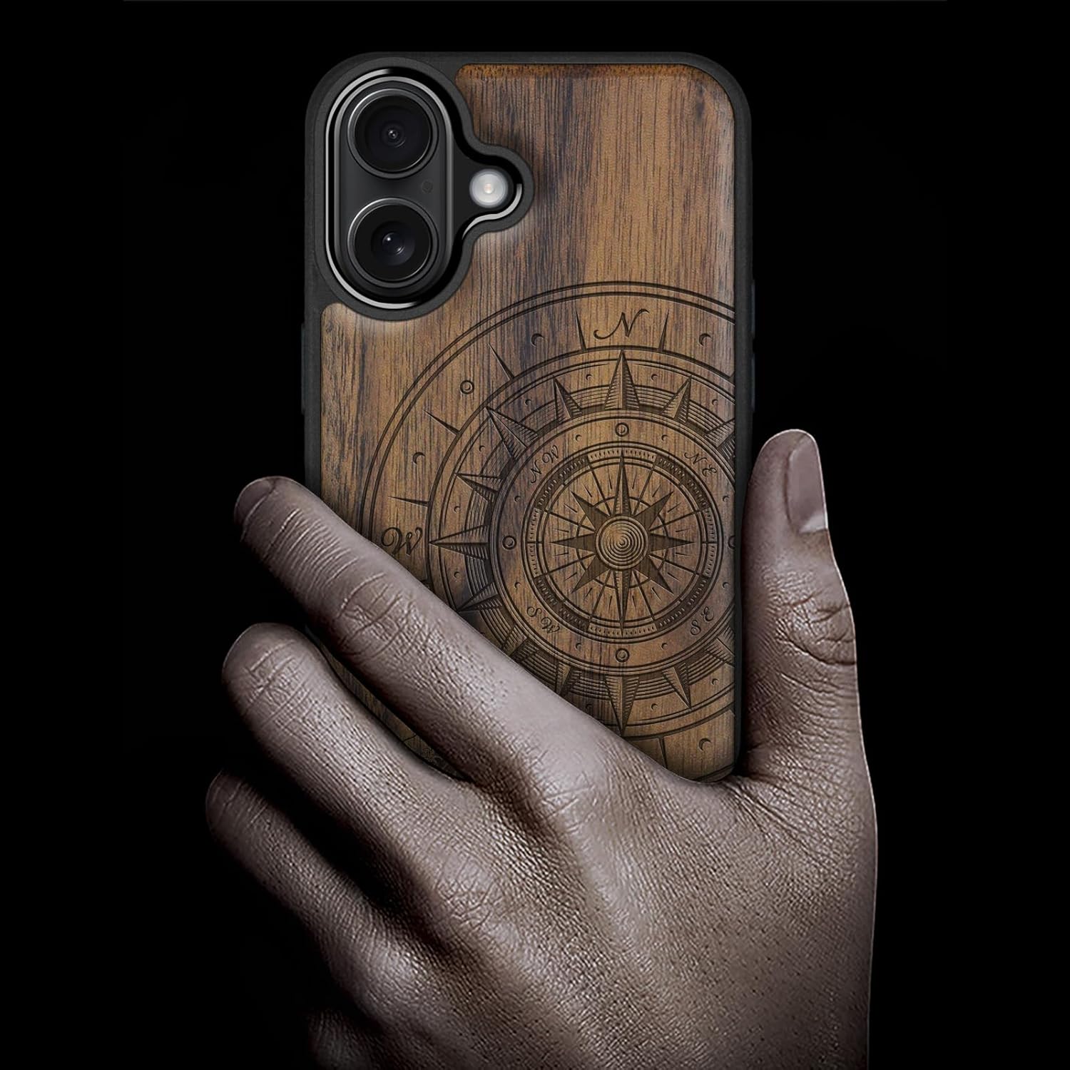 Carveit Magnetic Wooden Case for iPhone 17 Case, Wood Artisan Engraved & Black Soft TPU Shockproof Cover, Compatible with MagSafe Wireless Chargers (The Compass and The Wave) Walnut