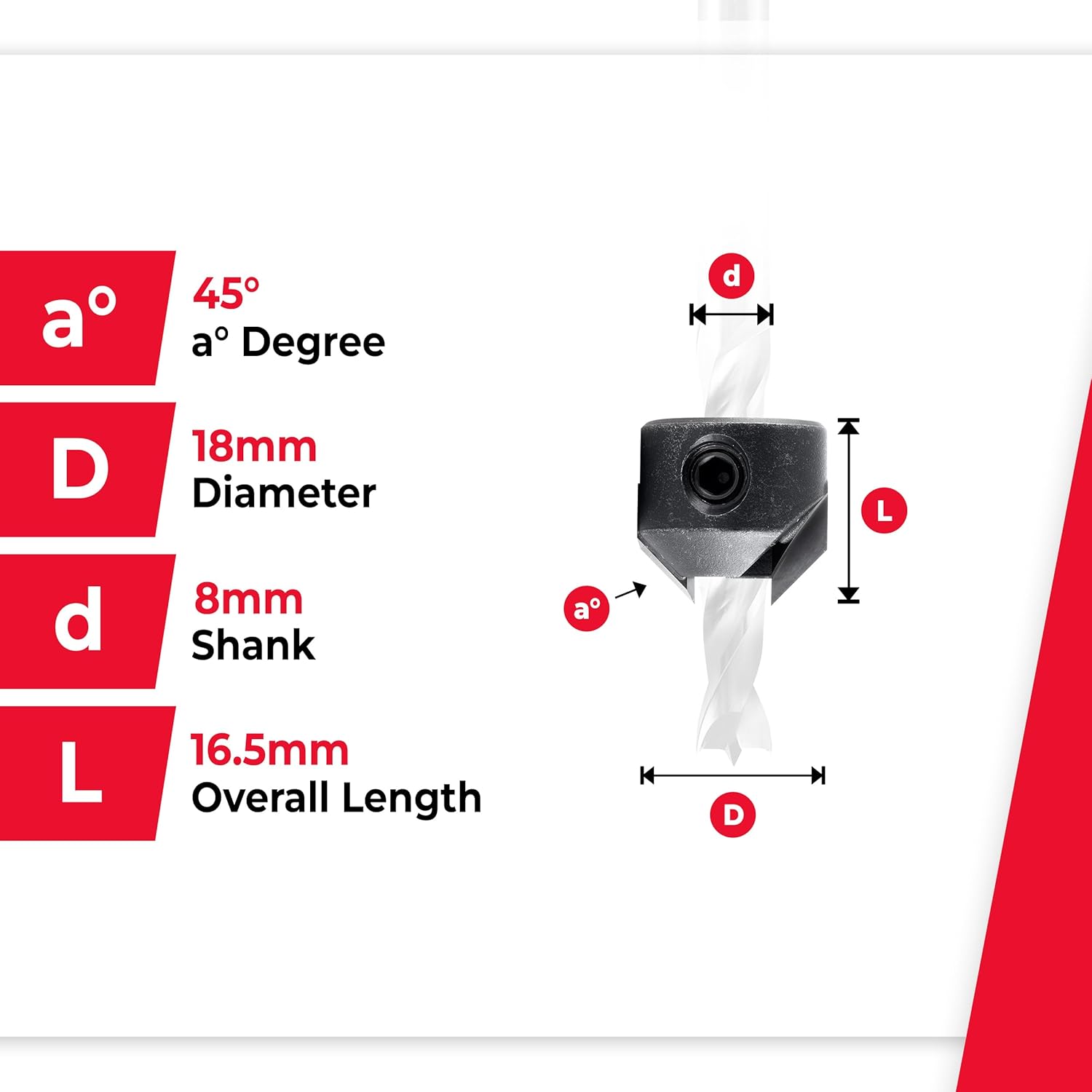 Amana Tool Carbide Tipped Countersink, Right Hand, 316008, 18mm Dia x 16.5mm Long x 8mm Shank