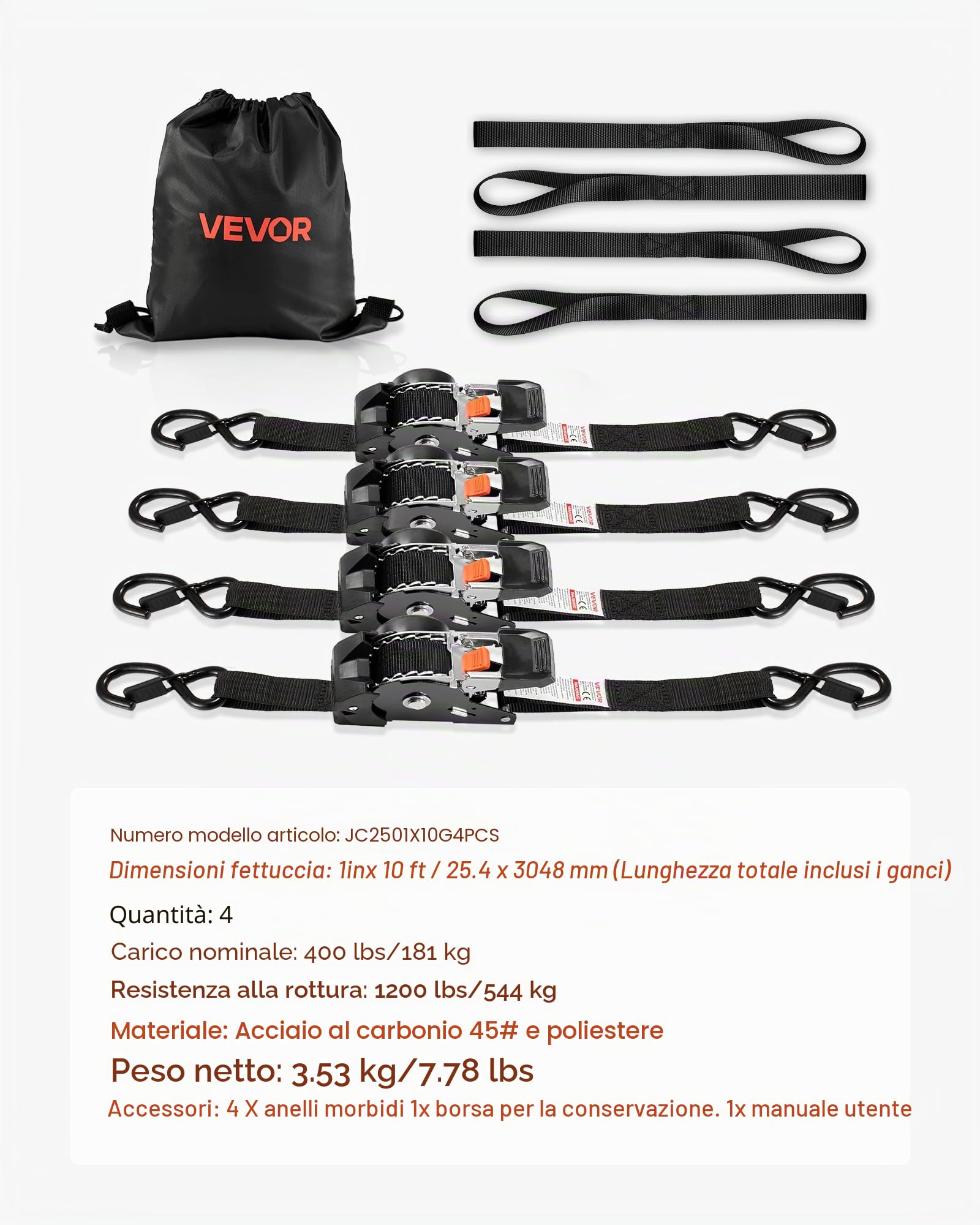 VEVOR Cinghie di Fissaggio con Doppio Gancio a S da 25,4 mm x 3 m, Resistenza alla Rottura di 544 kg, Borsa per il Trasporto, per Traslochi, Rimorchi, Motociclette, Kayak, Tetto, Confezione da 4