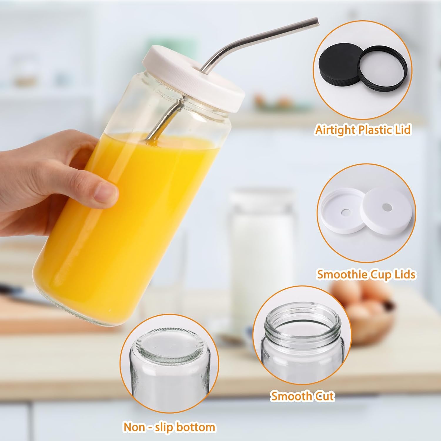 AuroTrends 16 oz Glass Bottles with Lids 8Pack, 480ml Portable Juicing Bottles Reusable Glass with Lids for Juicing, Smoothies, Kombucha (16fl.oz, Set of 8) - Image 2