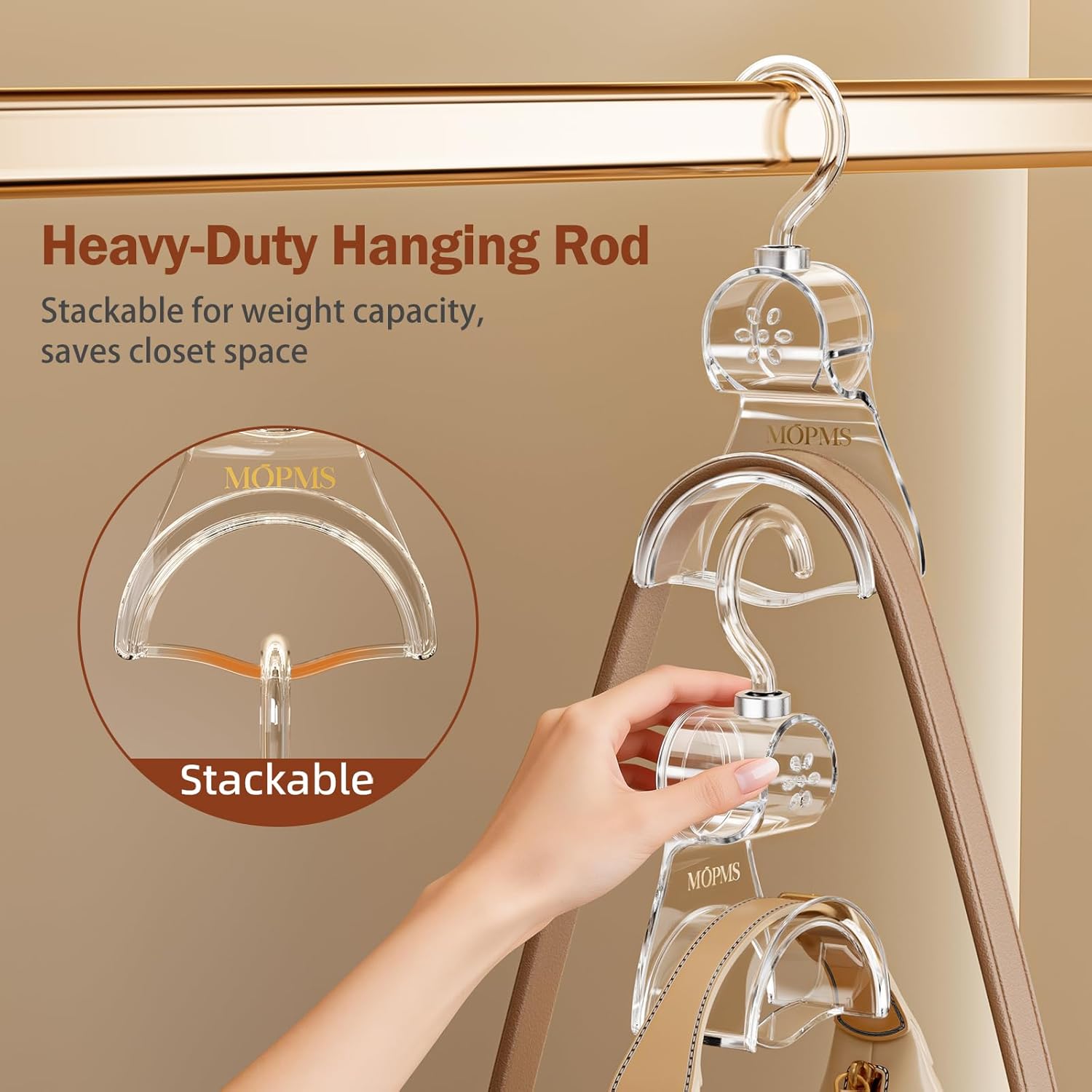 3 Pieces Clear Purse Hanger Closet, Luxury Crystal Bag Hangers Hooks with 360-Degree Rotation, Durable Handbag Backpack Purse Organizer for Closet