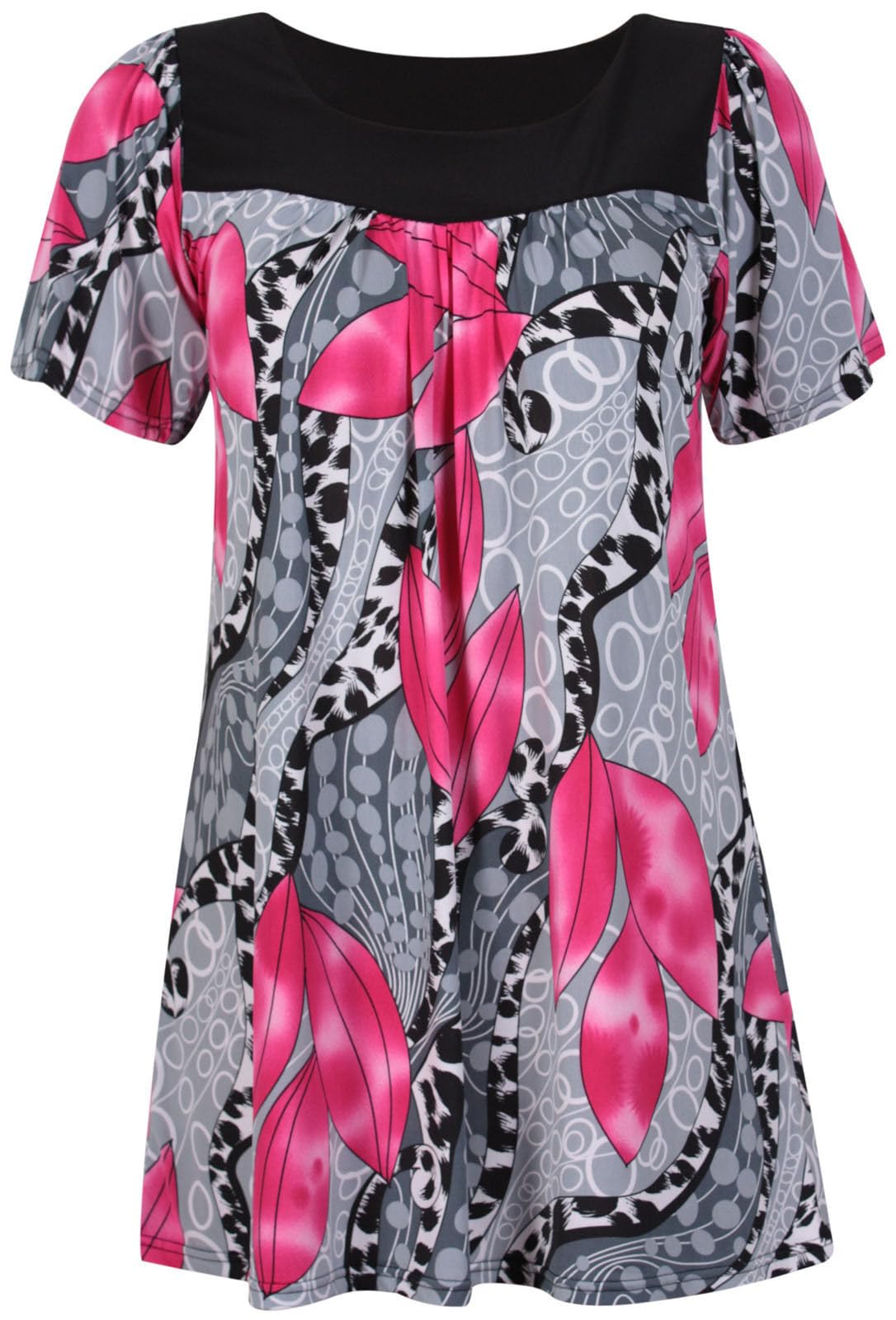 Wearall Women's Cerise Floral Print Short Sleeves Stretch Round Scoop Neckline Long Smock Tunic T-Shirt Top Plus Size 20