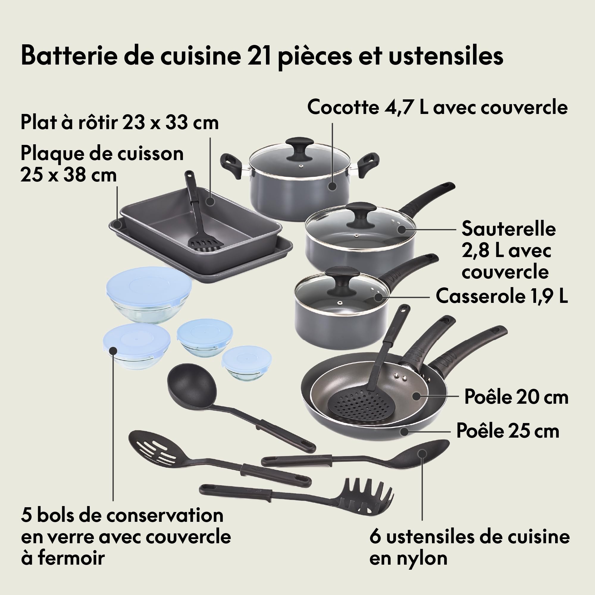bella Batterie de cuisine, 21 pièces avec ustensiles, antiadhésifs, sans PFOA, surface de cuisson résistante aux rayures, compatible avec toutes les cuisinières, nylon et aluminium, noir