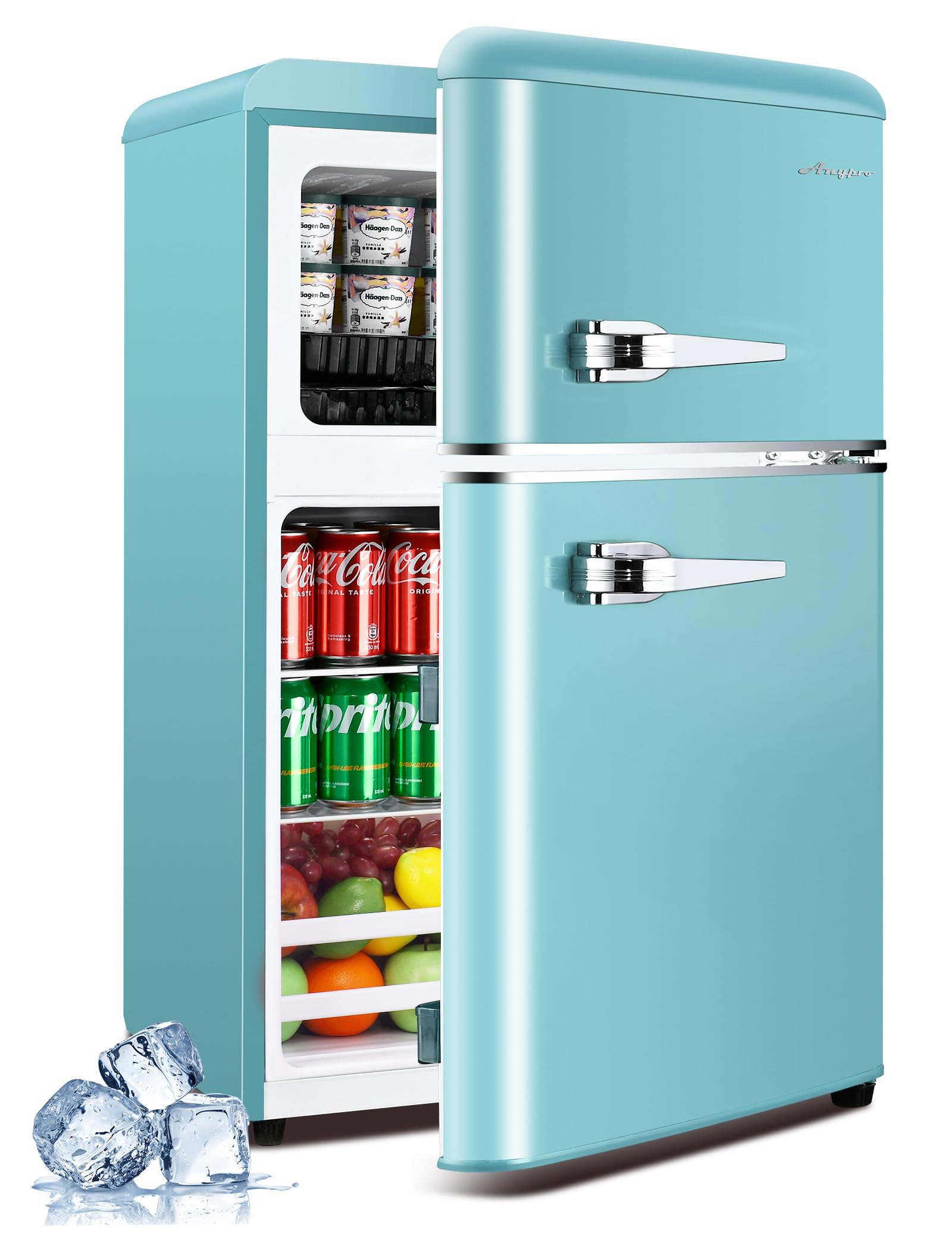 3.2 Cu.Ft Refrigerator, Retro Double Door Fridge with Freezer, 7 Adjustable Temperature Settings, Removable Glass Shelves for Dorm, Office, Bedroom, Apartment, Blue