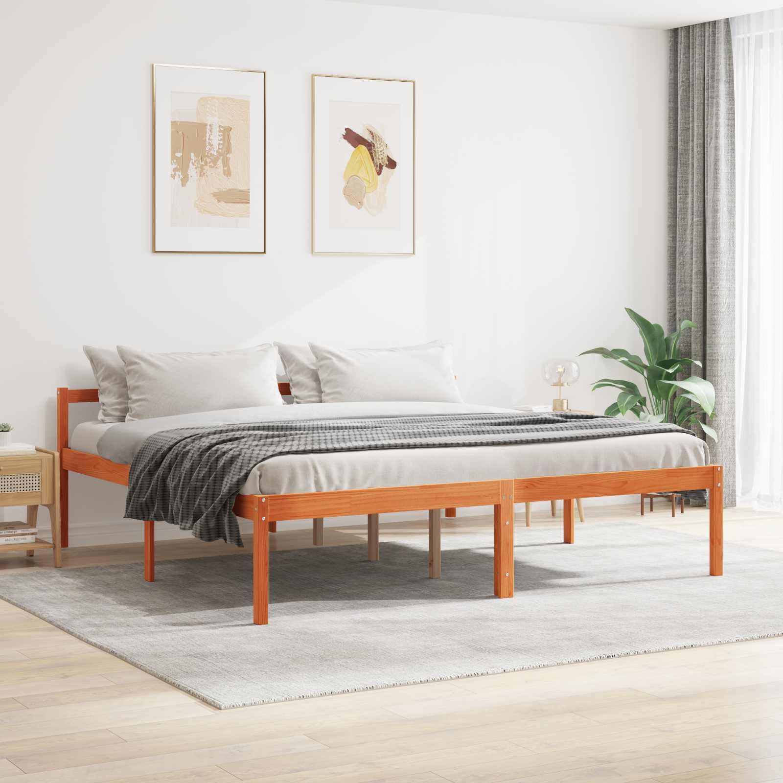 Telaio per letto in legno di pino massello, marrone cerato, 180 x 200 cm, super king size, con rete a doghe e testiera, per camera da letto, durevole, salvaspazio e facile da montare