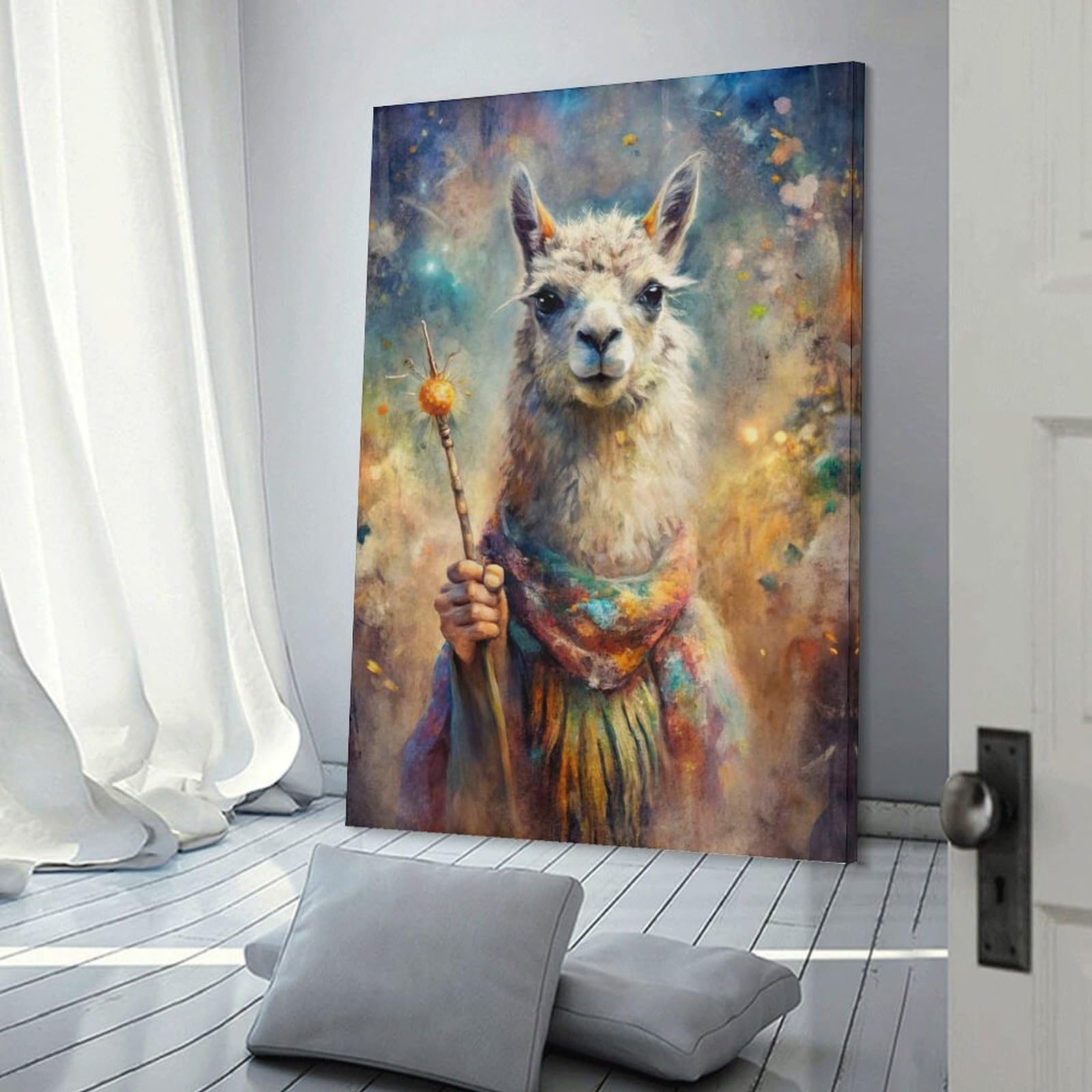Junmoney Llama Wizard with Staff Canvas Art Print, 08x12inch(20x30cm), for Wall Displays, Bedrooms Or Room Updates, Home Wall Art for Statement Displays