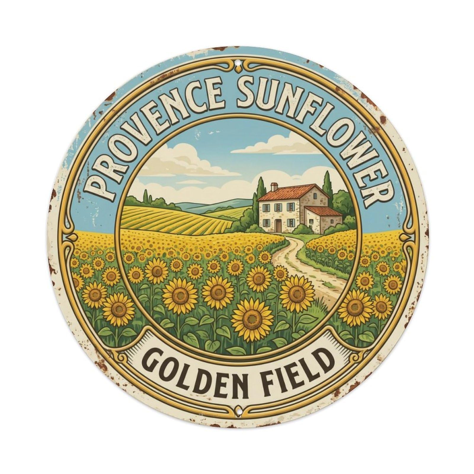 Sunflower Field Golden Provence Flower Metal Tin Sign Plaque Wall Decor for Cafe, Club Bar, Office, Home Garden Round Metal Poster 8x8Inch