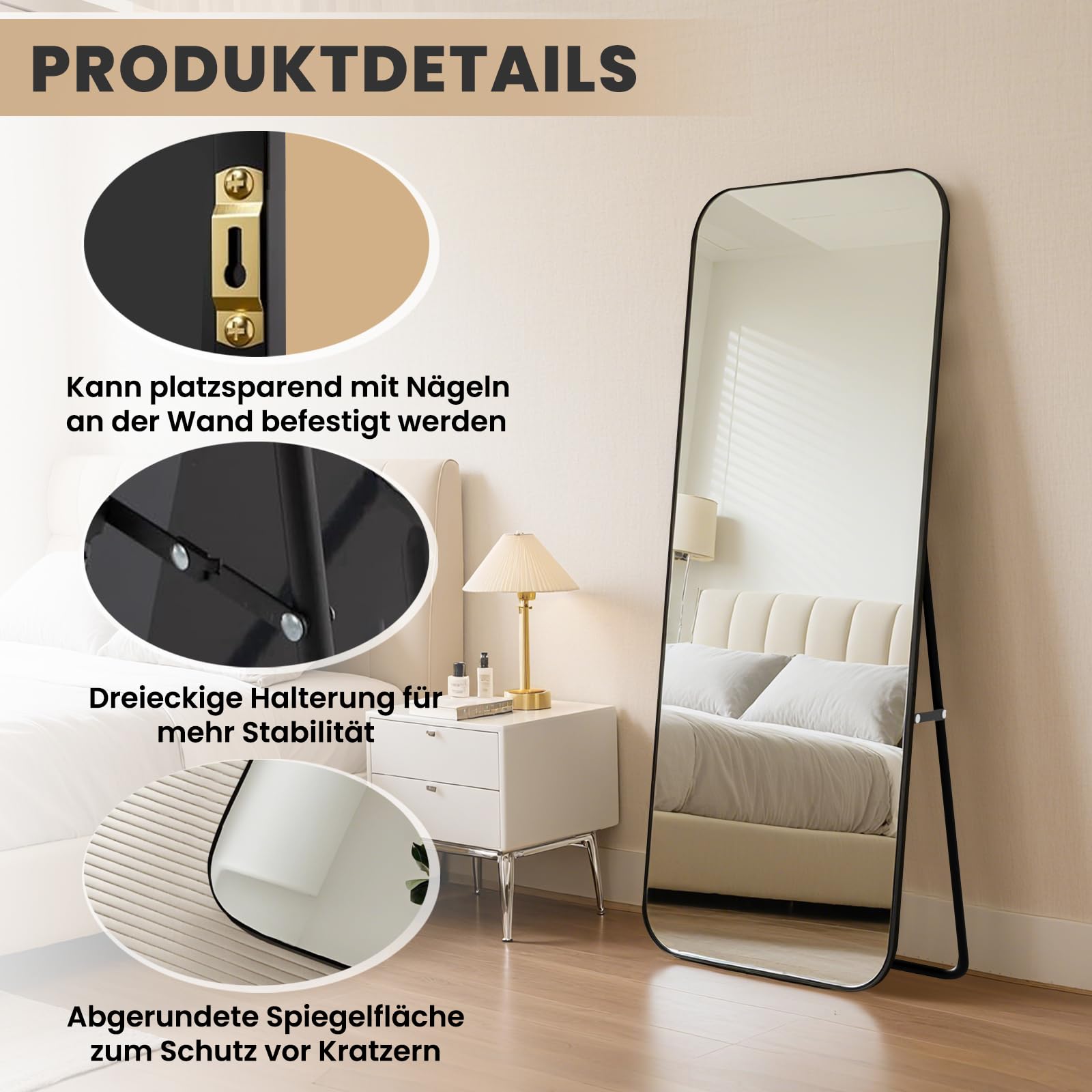 Standspiegel Ganzkörperspiegel, 140L x 40B cm, schwarzes Design mit abgerundeten Ecken, Wandspiegel mit Aluminiumrahmen, Bodenspiegel mit modernem Design, Anlehnen oder Freie Platzierung