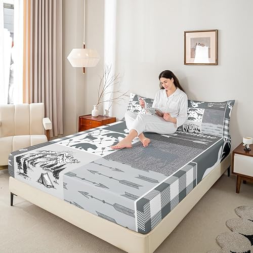 Miniatura 30 de Sábana bajera ajustable de oso de caza, juego de ropa de cama a cuadros de búfalo, sábanas de retazos de cabaña rústica para niños, niños, Multi