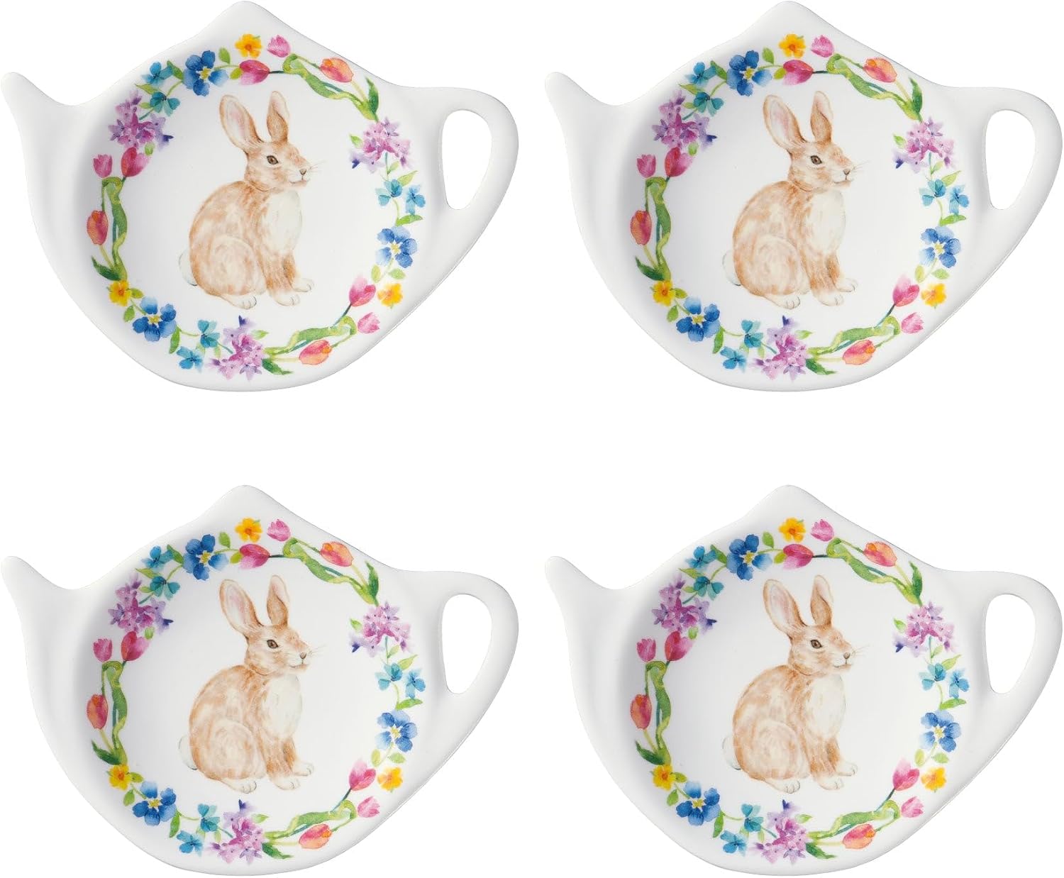 Supreme Housewares Floral Bunny Tea Bag Holders, Teapot Shaped Tea Bag Coasters Spoon Rests Saucer Seasoning Dish Set, Easter Decorations, Multicolor, 4 x 3 Inch, Set of 4