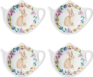 Supreme Housewares Floral Bunny Tea Bag Holders, Teapot Shaped Tea Bag Coasters Spoon Rests Saucer Seasoning Dish Set, Easter Decorations, Multicolor, 4 x 3 Inch, Set of 4