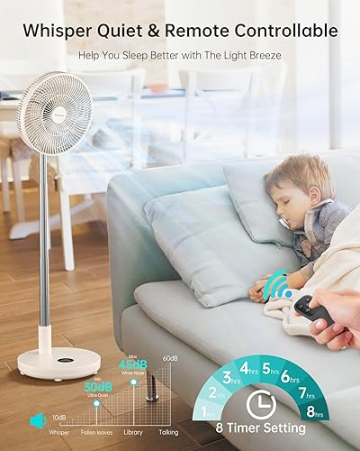 Miniatura 2 de TriPole Ventilador de pie plegable de 12 pulgadas, batería recargable portátil, con control remoto, ajuste de temporizador, altura ajustable, para