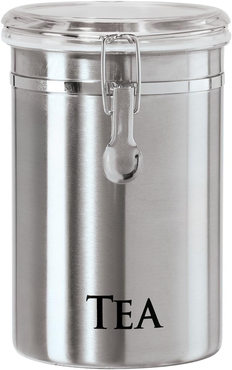 Oggi stainless steel tea canister with clamp lid and clear top