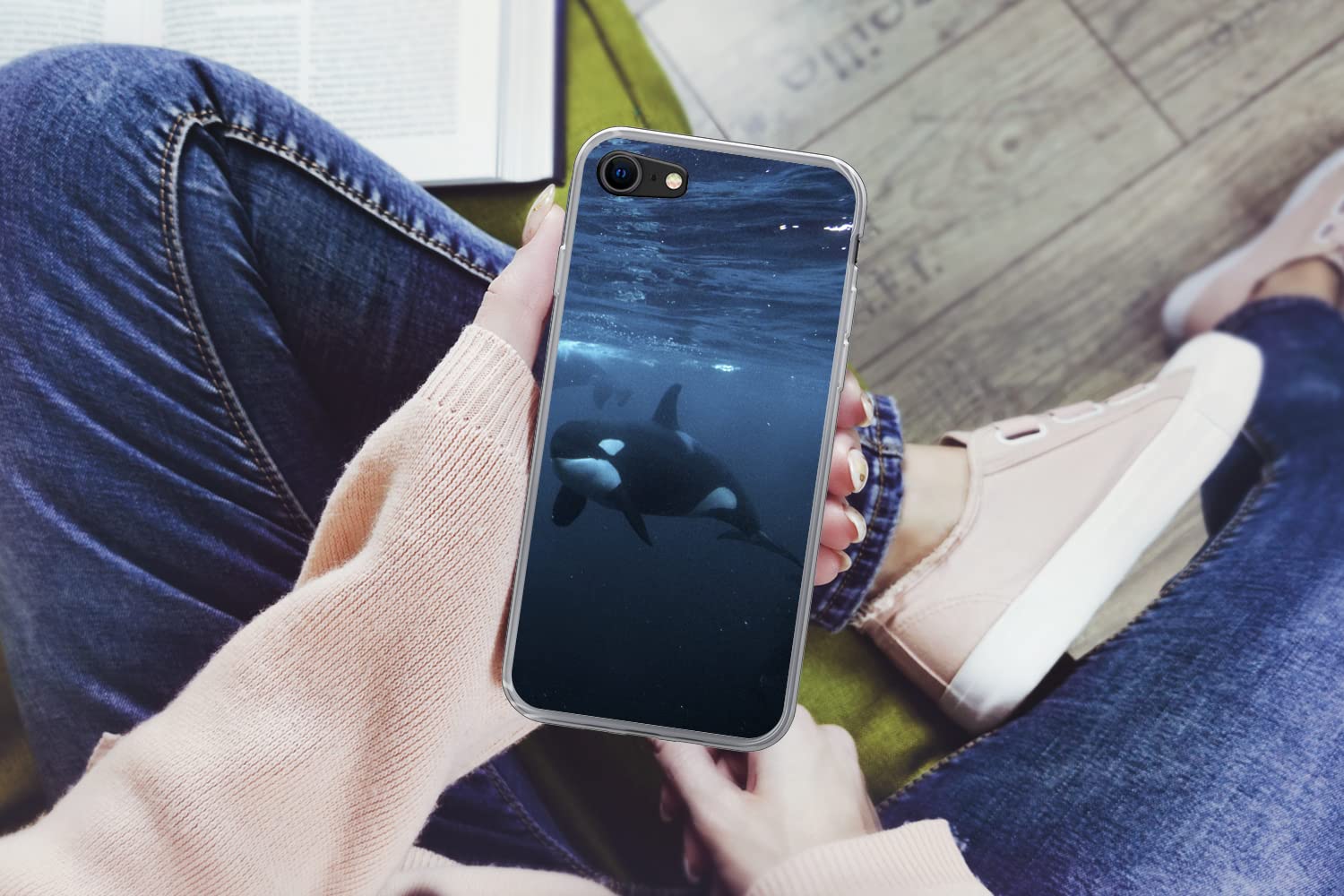 MuchoWow Funda para iPhone SE 2020 - Orcas bajo el Agua - Funda de Silicona/Funda Blanda para teléfono móvil