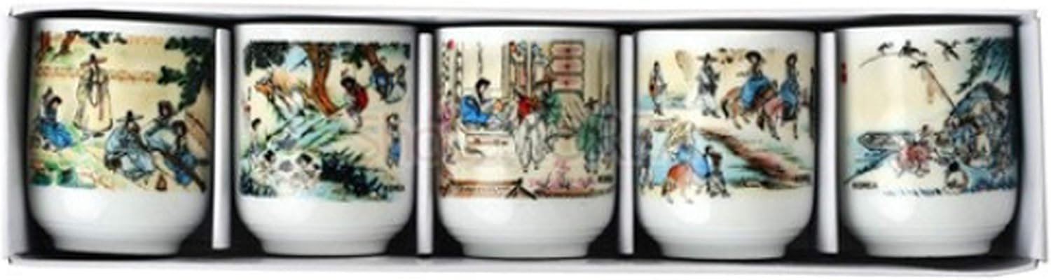 Korean Traditional Soju Glass Set - 5 Rectangular Porcelain Liquor Cups, 7.5 oz Each - Enjoy Shin Yun-bok's Art with Your Favorite Drink