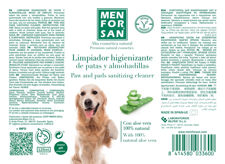 MENFORSAN Pfoten- und Ballenreiniger für Hunde | Hygiene beim Betreten von Sofa und Bett | Spray für Jede Rasse | Mit 100% natürlicher Aloe Vera | Veganes Produkt | 125 ml