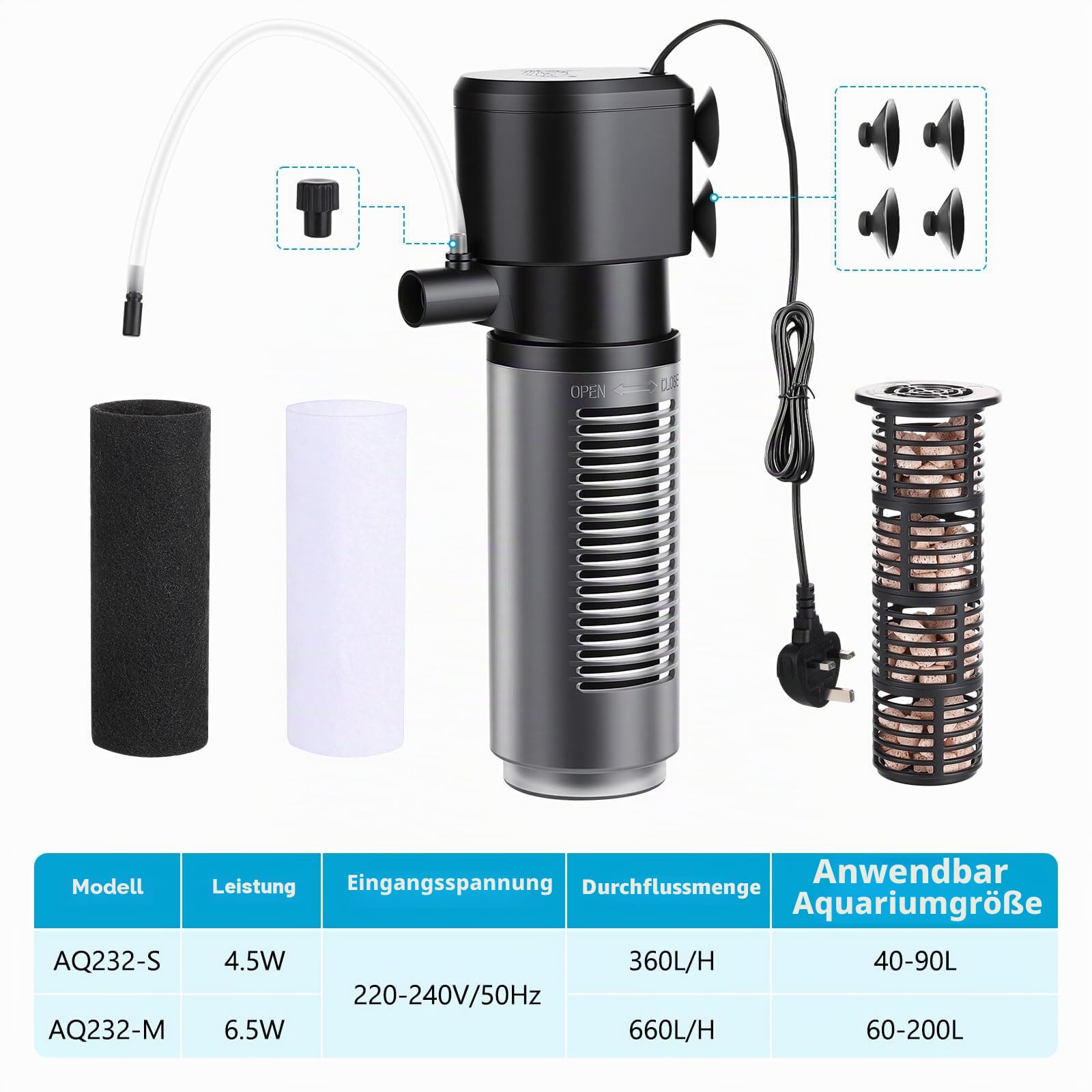 AQQA Aquarium Filter, 360L/H Einstellbarer Aquarium Filterpumpe, 4.5W Leiser Aquariumfilter für kleine Tank bis zu 90L