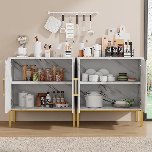 Miniatura 3 de RESOM Aparador de buffet con puertas, armario de almacenamiento blanco con estantes ajustables y patrón de mármol, gabinete de acento moderno para