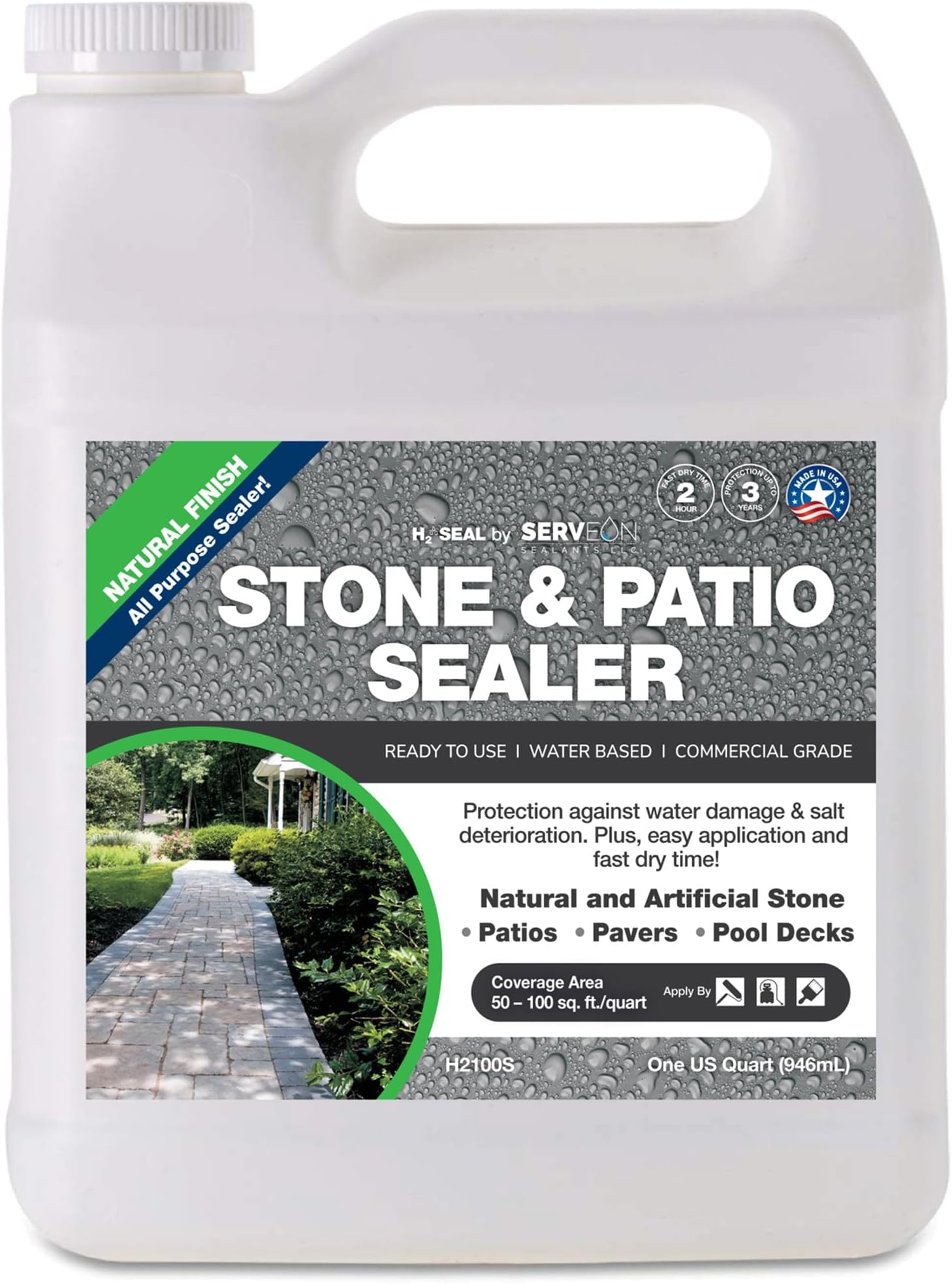 Serveon Sealants Natural Stone Sealer (Clear Natural Finish) Commercial Grade Outdoor Indoor Waterproof Grout Sealer Protects Pavers Pools Patios Decorative Landscape Stones (1 Quart) H2100S