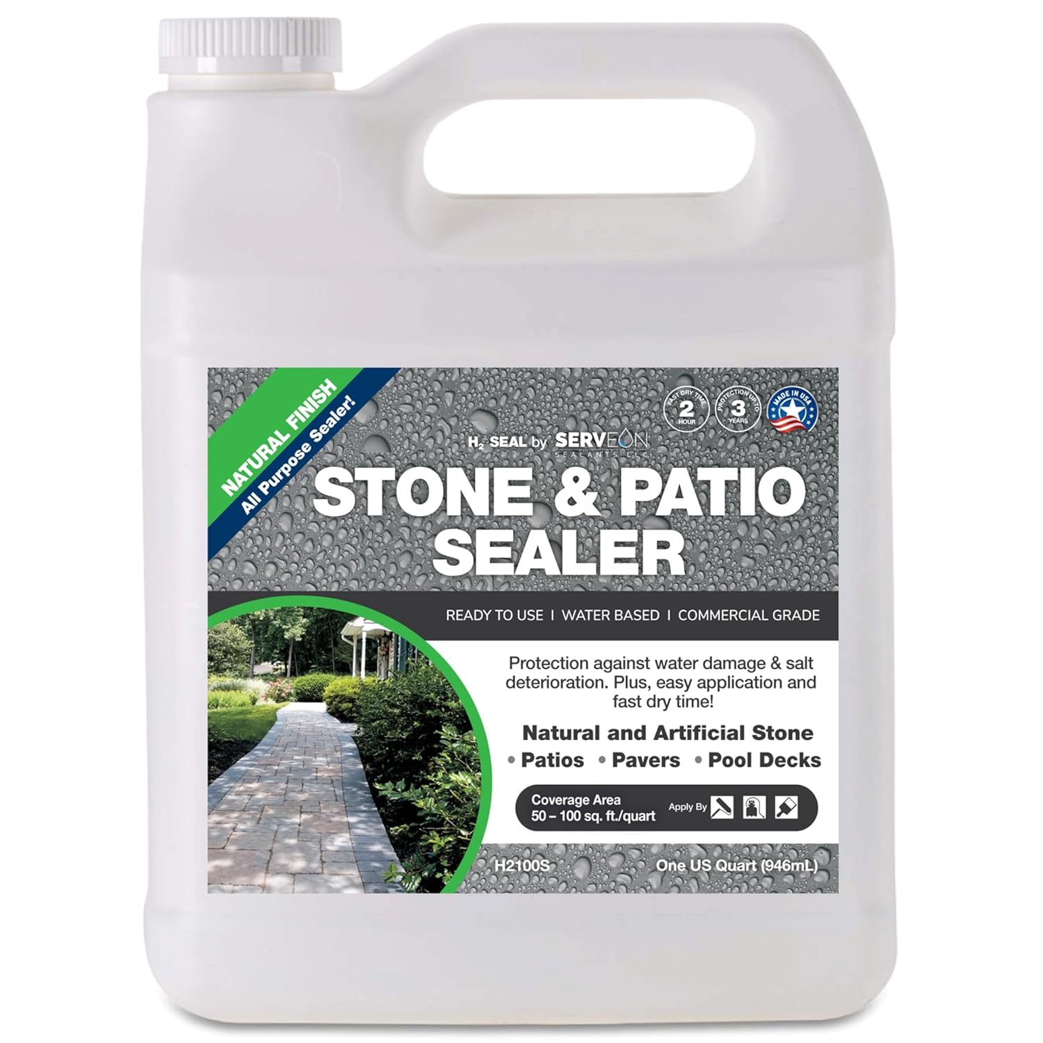 Natural Stone Sealer (Clear Natural Finish) Commercial Grade Outdoor Indoor Waterproof Grout Sealer Protects Pavers Pools Patios Decorative Landscape Stones (1 Quart) H2100S