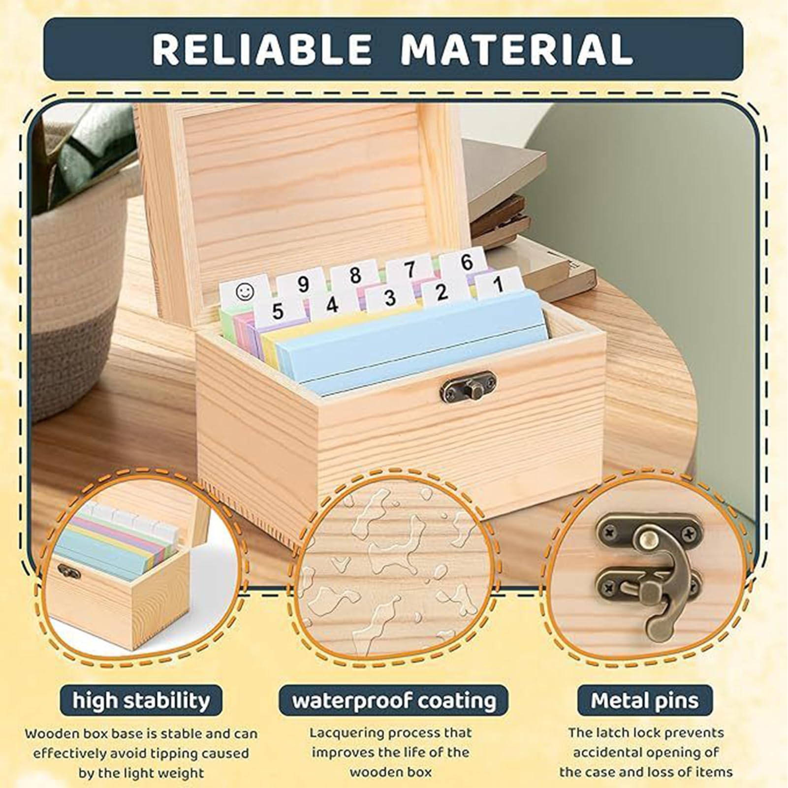 Generisch Holzkartenbox aus Holz - enthält 150 farbenfrohe A7 -Karteikarten | Kartenorganisator mit Deckel für Küchenrezept Büroschule | Karteikarten Box - Notizhalter Datei Organizer Divider Fall