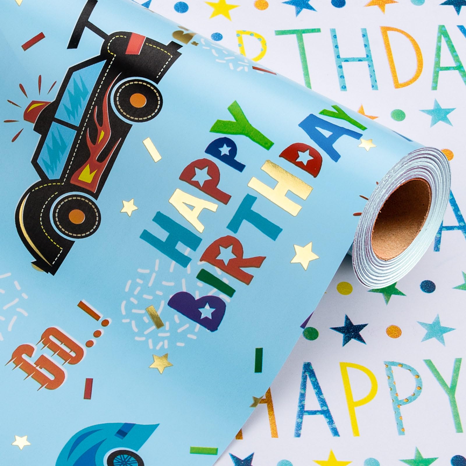 Wikadlik Race Car Birthday Wrapping Paper Roll - Colorful Happy Birthday Words Design Gift Wrap Paper for Kids, Fathers Day, Graduation - 43cm x 10m — image 1