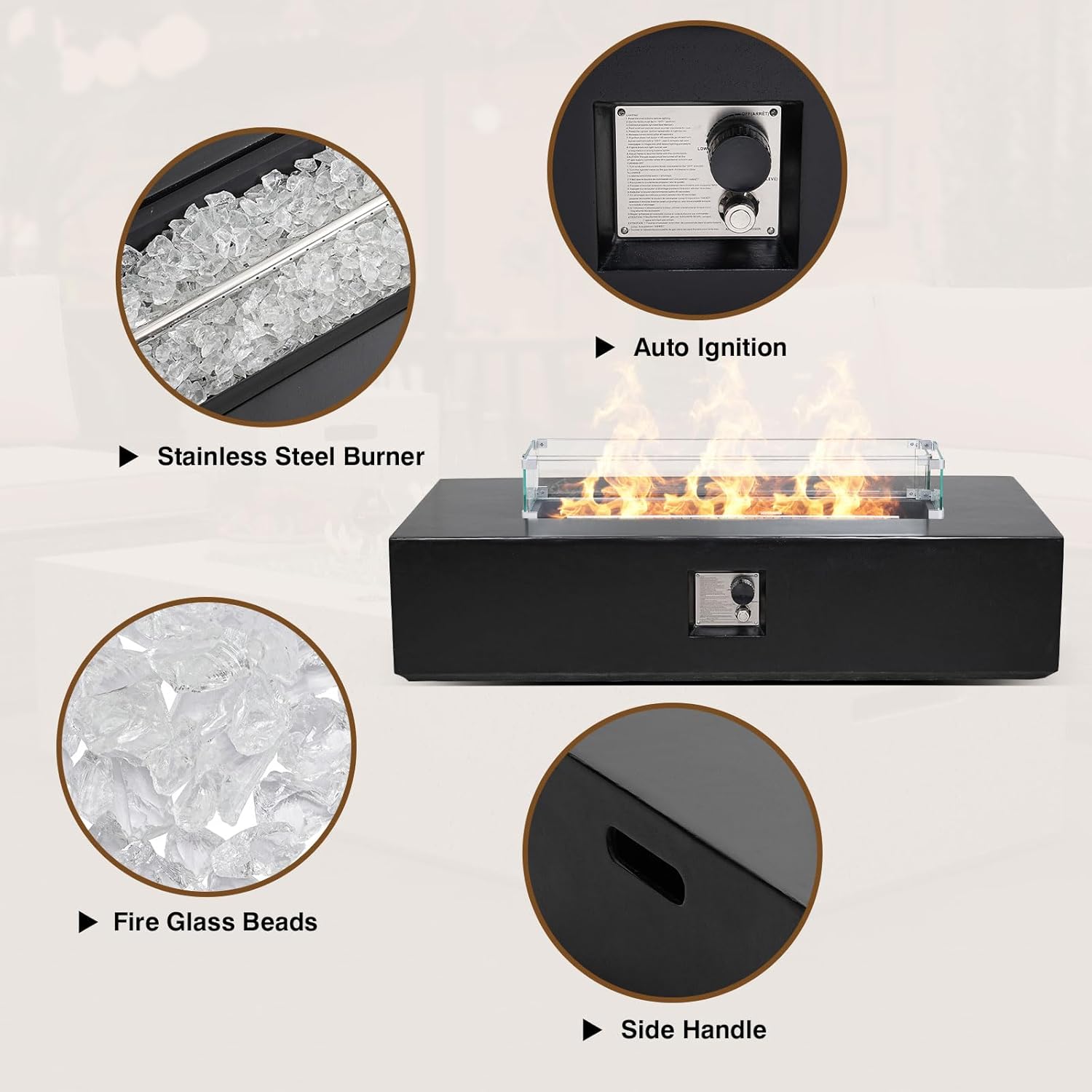 3-Piece Outdoor Propane Fire Pit Table Set – Premium Marble-Like MgO Finish, 56-Inch Gas Fire Table with Tank Table & Glass Wind Guard for Patio, Garden & Backyard, Includes Rain Cover & Glass Beads