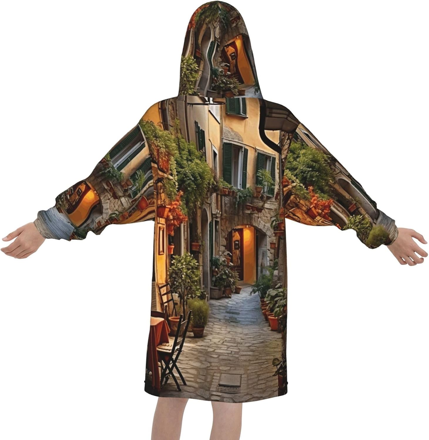 Italian Old Street Print Oversized Blanket Hoodie, Wearable Blanket Hooded,Hooded Pullover With Pocket