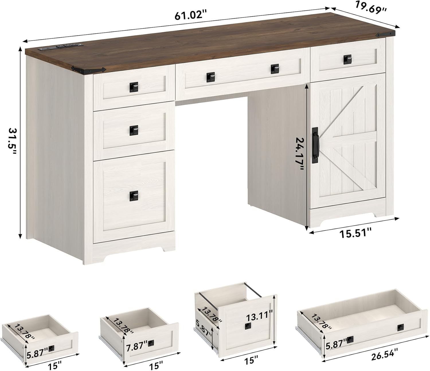 61" Farmhouse Executive Desk with Drawers, Wood Home Office Desk with File Cabinet, Charging Station and Storage Cabinet, Computer Desk Workstation for Work and Study, Antique White