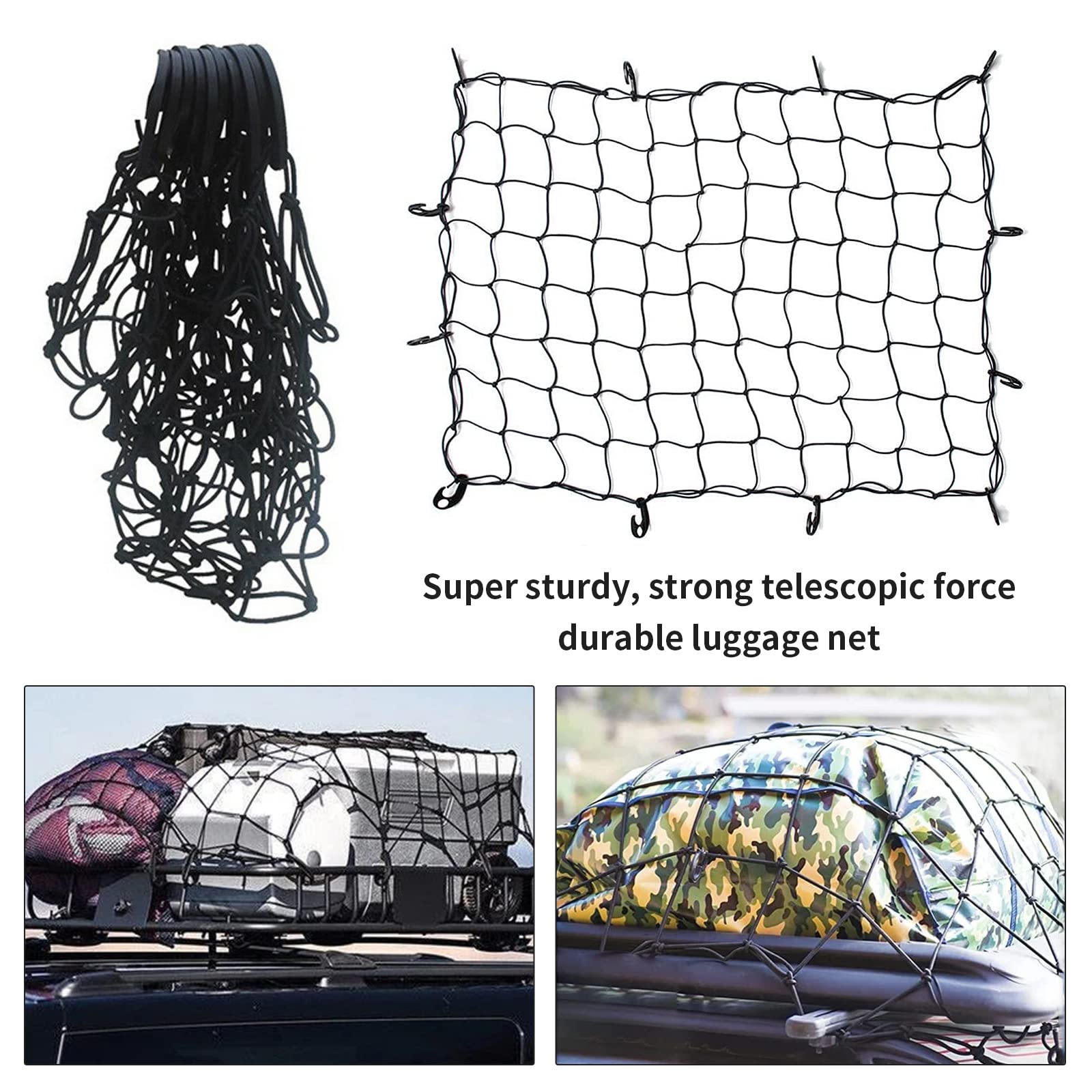 Siatka bagażowa SUV z 12 hakami ABS, elastyczna siatka 90 x 120 cm, rozciągnięta do 225 x 300 cm, uniwersalna siatka na dach o dużej pojemności, do bagażnika, bagażnika, elastyczności, bagażnika dachowego