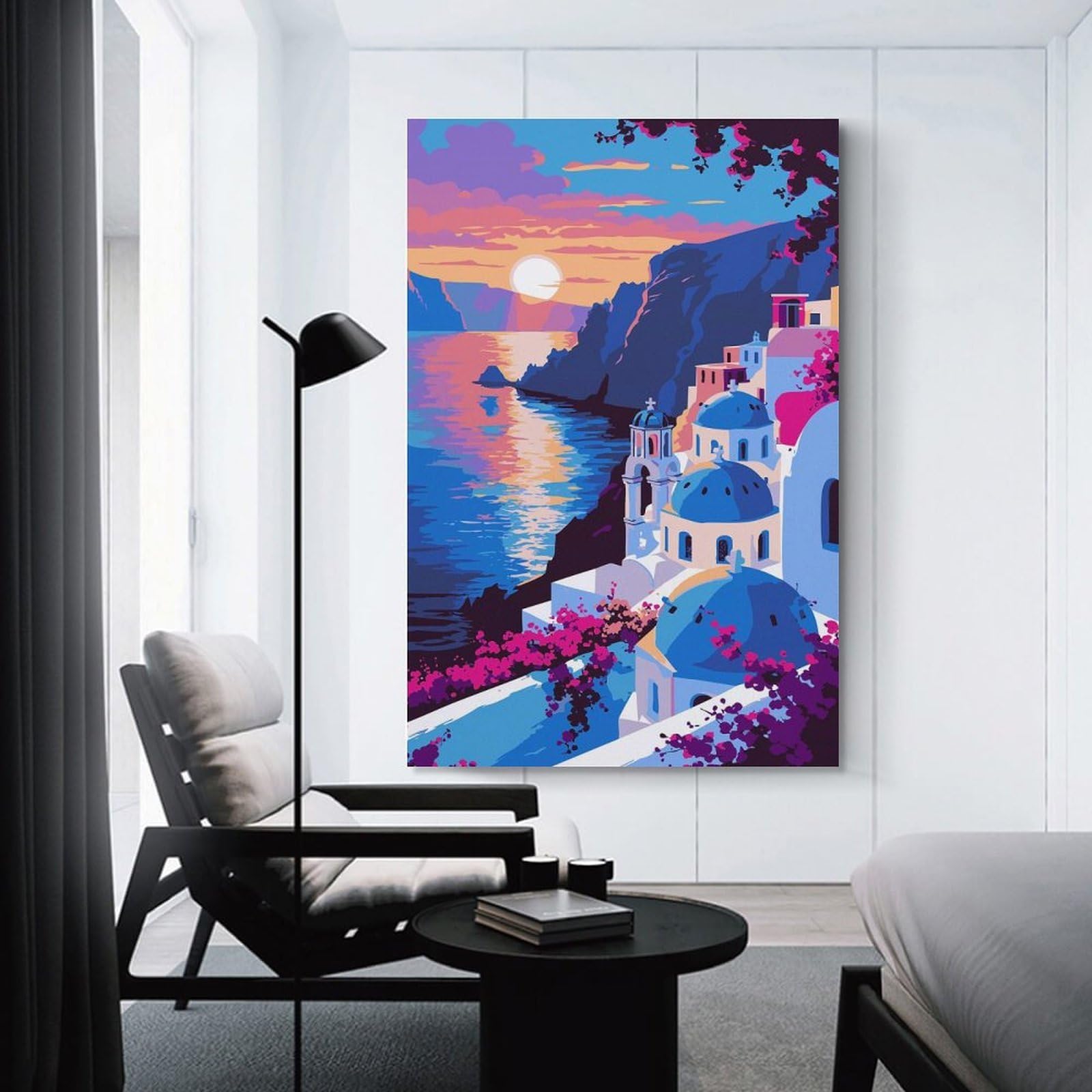 Junmoney Santorini Sunset Illustration(2) Wall Picture Print 16x24inch(40x60cm), for Home Office, Desk Area Or Studio, Home Office Artwork with Decorative Appeal
