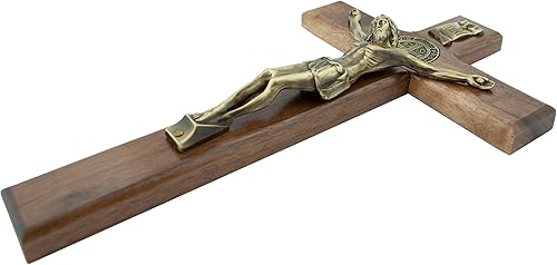 Miniatura 3 de Cruz de pared de madera con medalla de San Benito | Hermoso Jesús en tono bronce | Madera teñida maciza | Listo para colgar en la pared | Gran