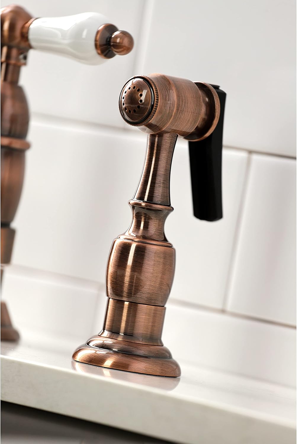 Kingston Brass KS127PLBSAC Heritage Bridge Kitchen Faucet with Brass Sprayer, Antique Copper