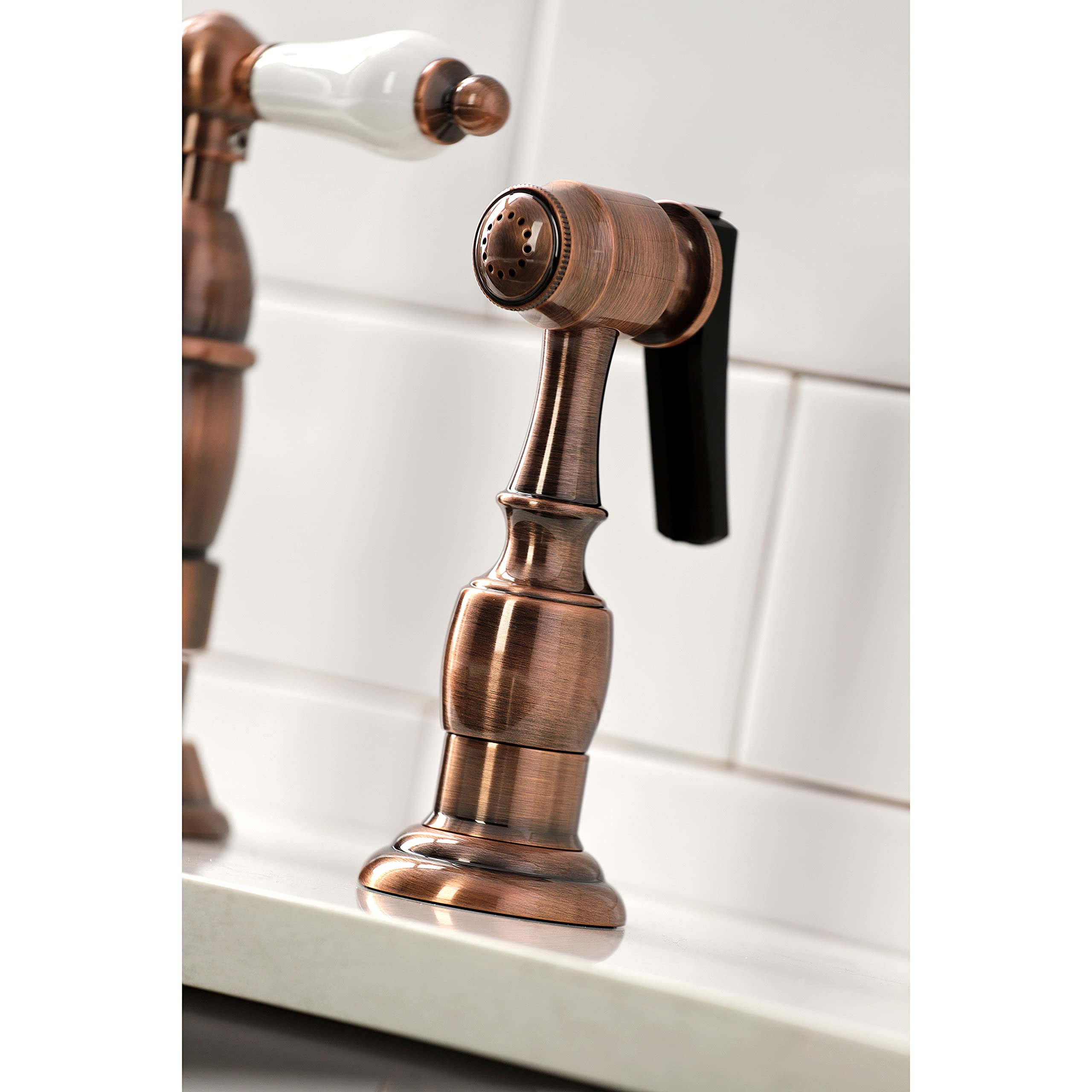 Kingston Brass Heritage Bridge Kitchen Faucet - Antique Copper, 8" Widespread With Side Sprayer - View #2