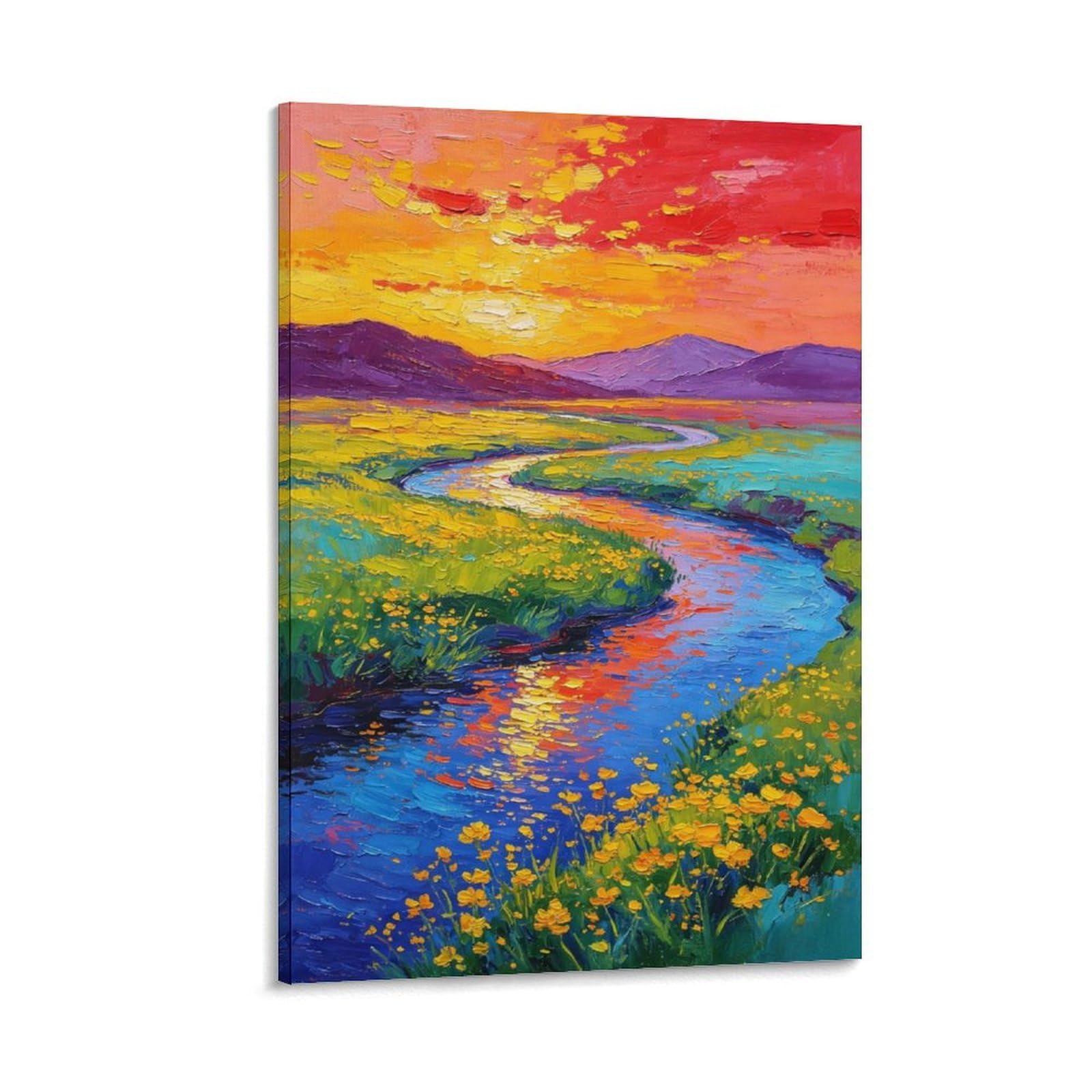 IEJKLUVWX Pastel Floral Creek Wall Posters Multicolored Meadow Brook Premium Canvas Easy to Install High Definition for Above Bed Sofa Background Office Worker Unique 12x18inch(30x45cm)