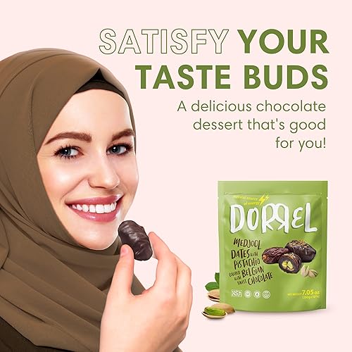 Miniatura 14 de DORREL - Dátiles cubiertos de chocolate negro belga (Medjool) con relleno de cacahuetes salados, aperitivo de chocolate vegano de alta energía