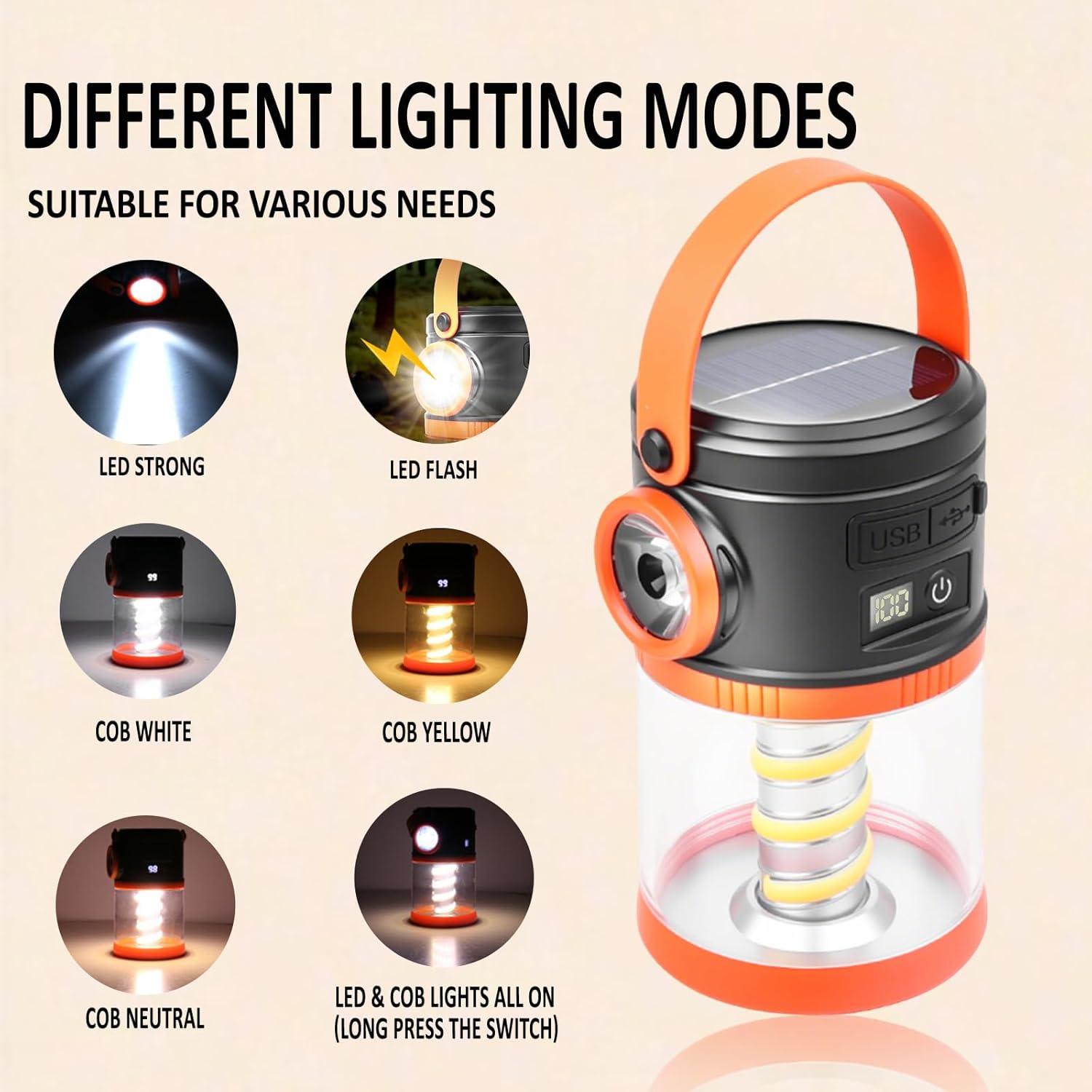 Portable LED Camping Lantern with Flashlight - COB Solar USB Battery Powered for Power Outages,Emergency Survival Light,Hurricane Preparedness Gear for Home Outdoor-Camping(Orange 2PACK)