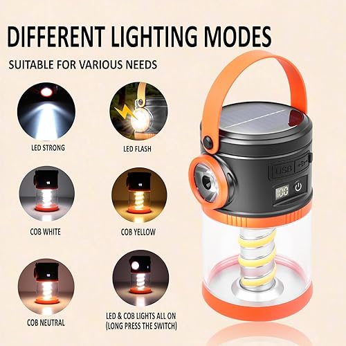 Miniatura 6 de Linterna LED portátil para acampar con linterna, COB Solar USB alimentado por batería para cortes de energía, luz de supervivencia de emergencia,