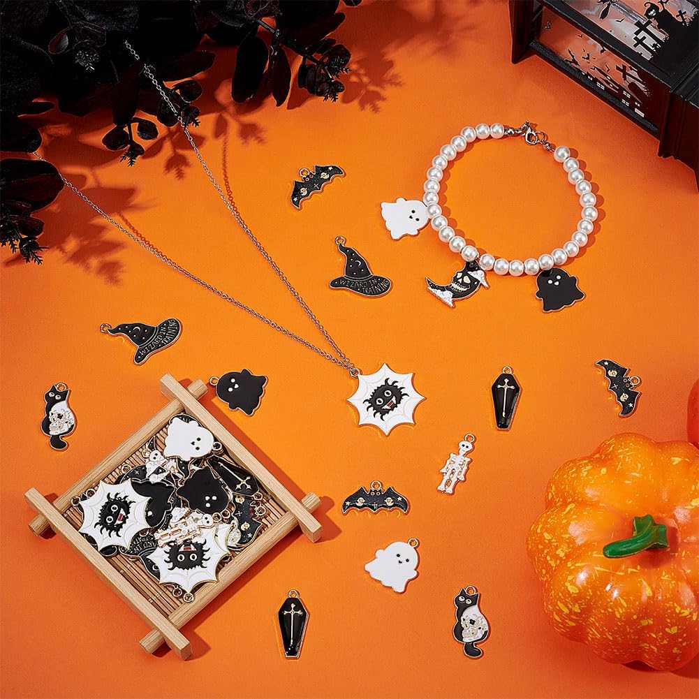 36Pcs Halloween Theme Pendants Alloy Enamel Charms 9 Styles Ghost Bat Skeleton Cat Charm Accessories for Bracelet Necklace Jewelry Making Earring DIY Craft Supplies Women Gifts - Image 5