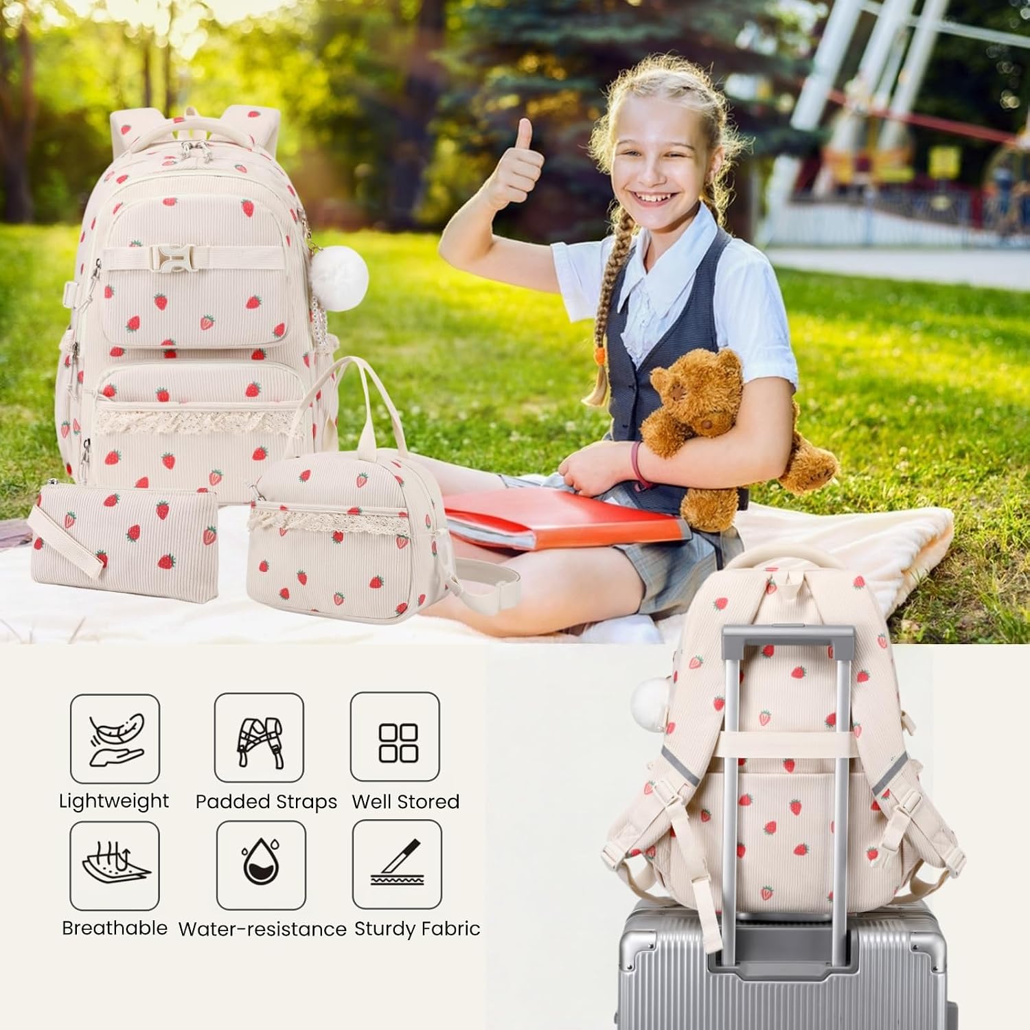 Mitowermi 3pcs Corduroy Girls Backpack Lunch
