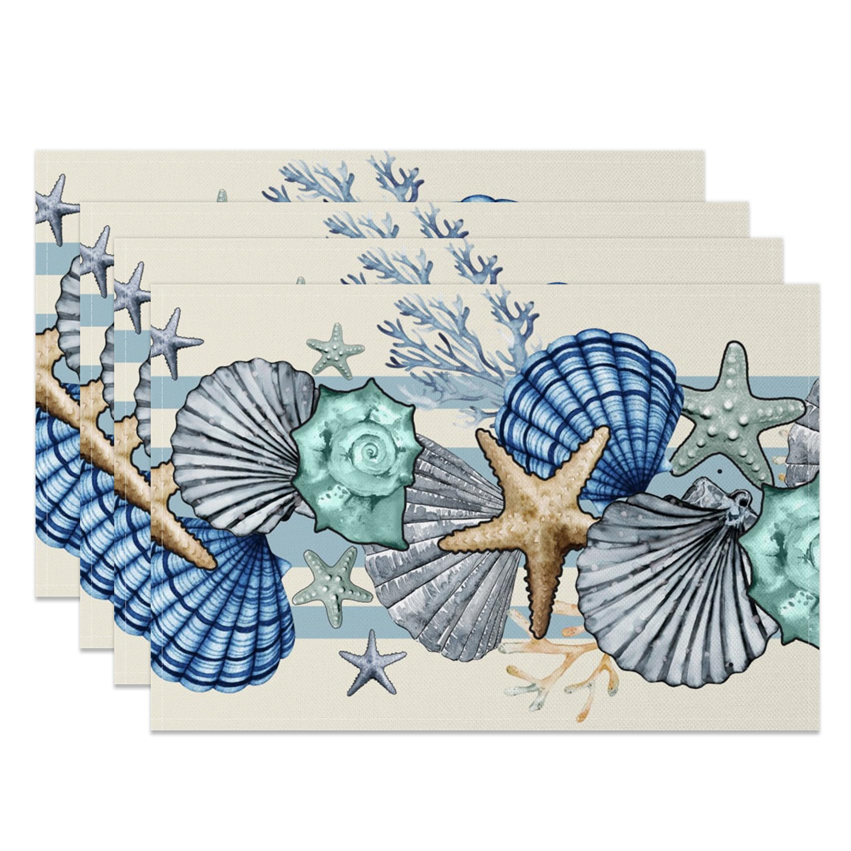 Sea Shell Starfish Beach Placemats Set of 4, 12x18 Inch Seasonal Spring Ocean Coastal Washable Linen Nautical Table Mats for Party Kitchen Dining Decoration